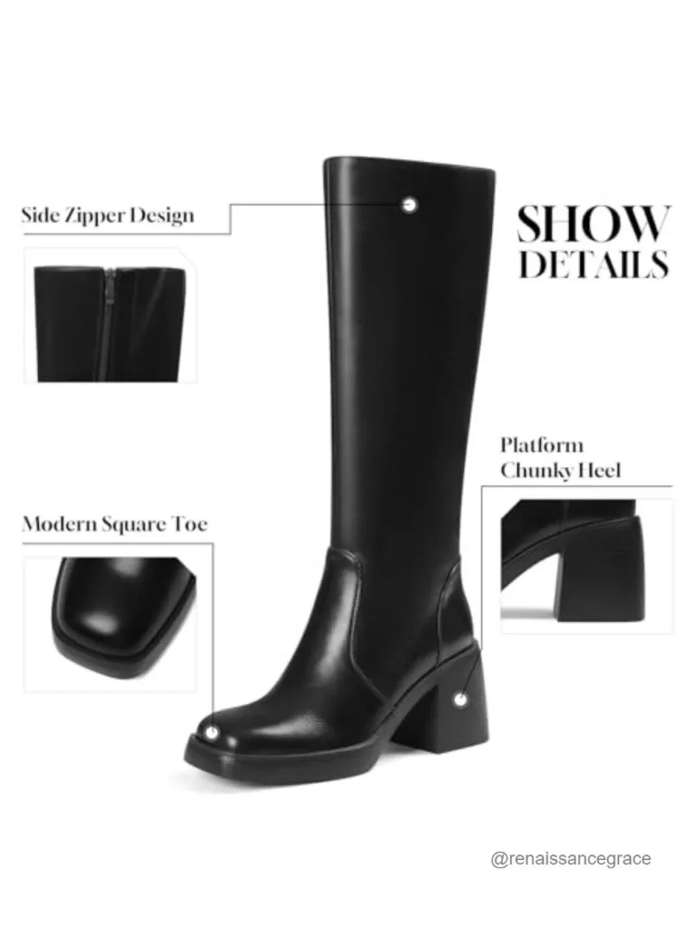 Faux Leather Square Toe Knee High Platform Boots